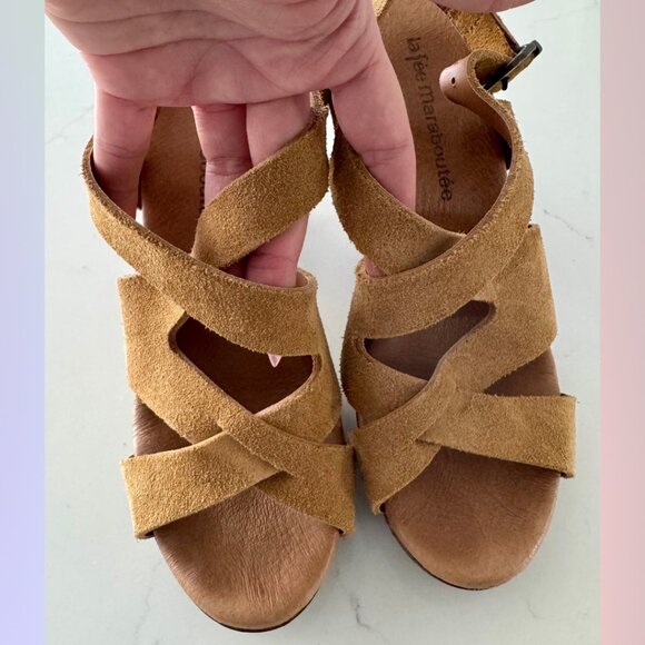 La Fée Maraboutée Heels – Tan Suede with Wood Heel sz 38 - Picture 2 of 6